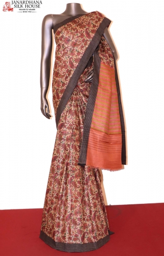 Handloom Printed Tussar Silk Saree